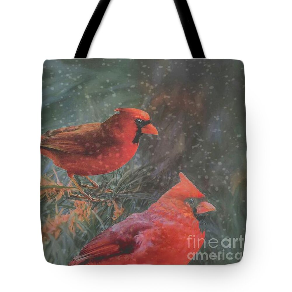 Northern Cardinals Tote Bag featuring the photograph Two Northern Cardinals in Snowstorm by Janette Boyd