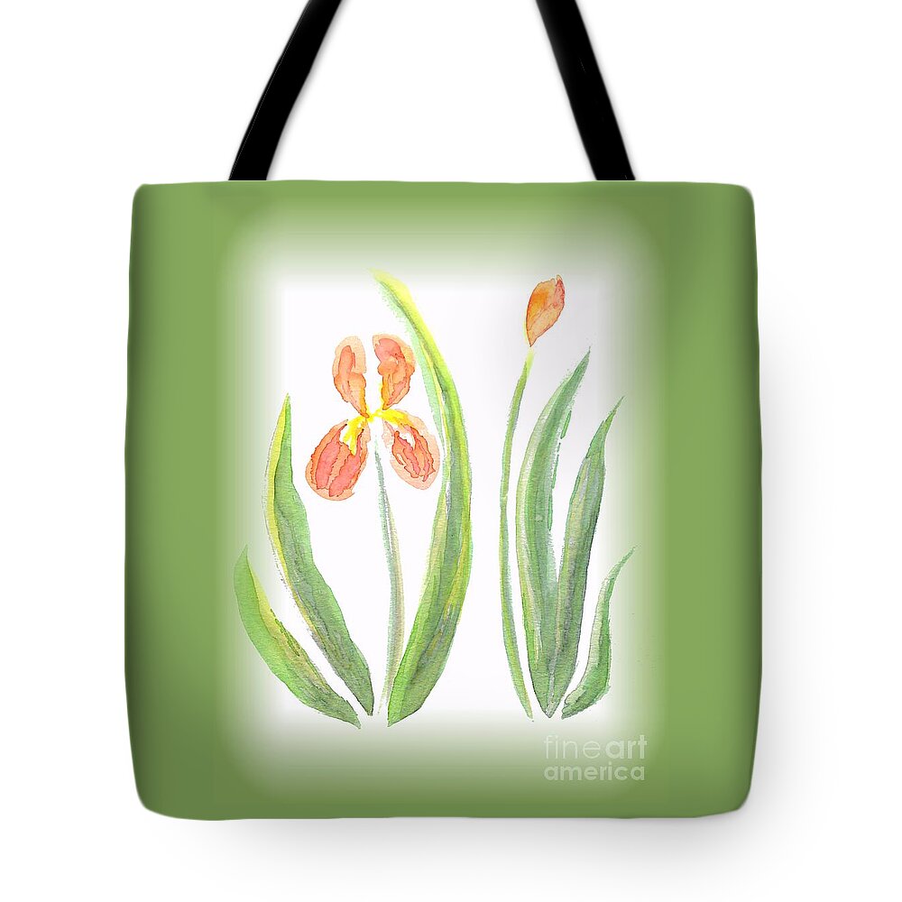 Art Tote Bag featuring the painting Two Orange Iris green frame by Delynn Addams