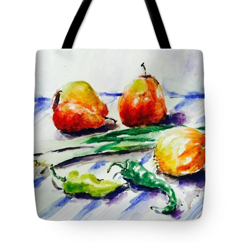 Pears Tote Bag featuring the painting Two pear and vegetable by Hae Kim