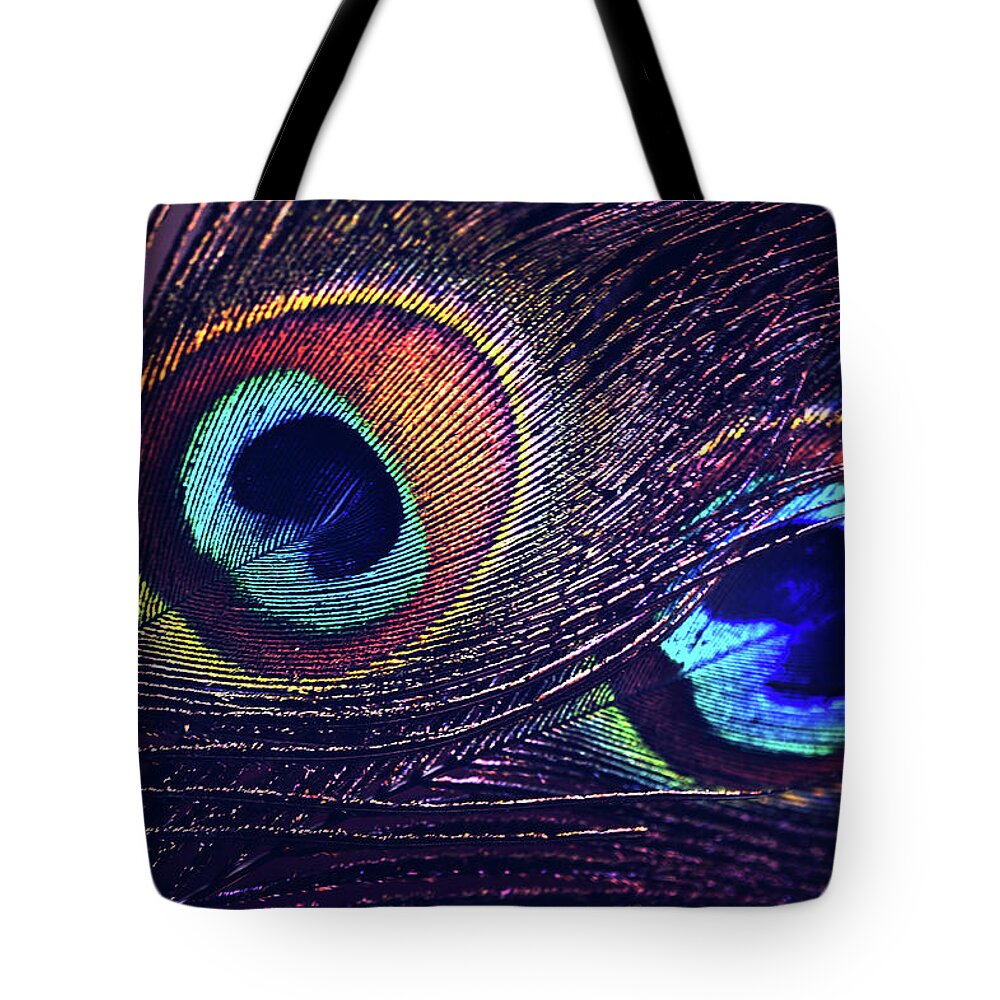 Jenny Rainbow Fine Art Photography Tote Bag featuring the photograph Two Purple Peacock Feathers by Jenny Rainbow