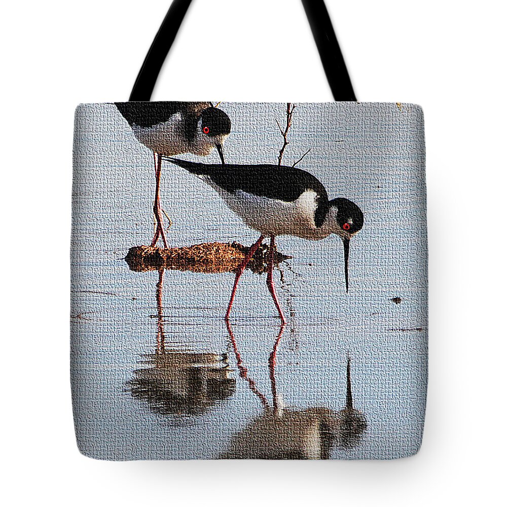 Two Stilts Walk The Pond Tote Bag featuring the photograph Two Stilts Walk The Pond by Tom Janca