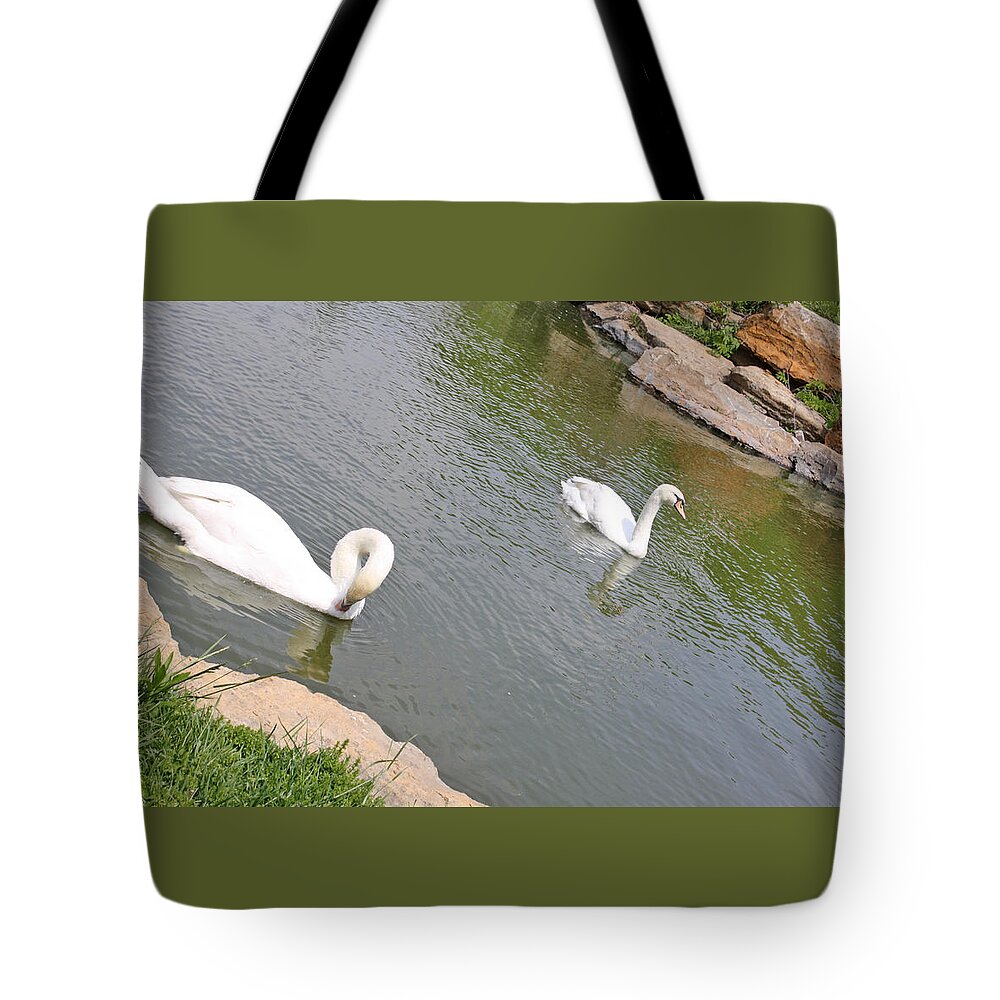 Swan Tote Bag featuring the photograph Two Swans a Swimming by Ellen Tully