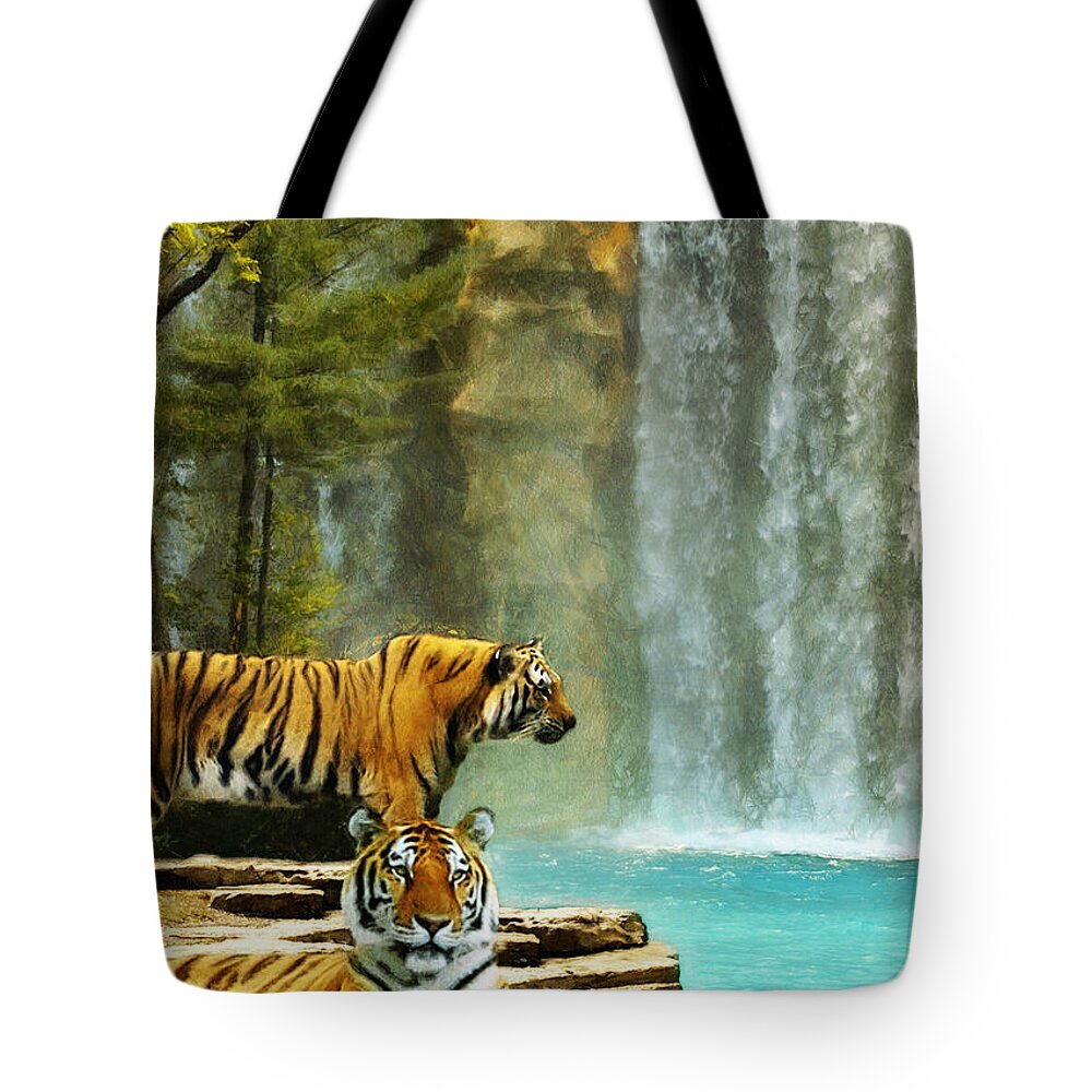 Tigers Tote Bag featuring the digital art Two Tigers by JGracey Stinson