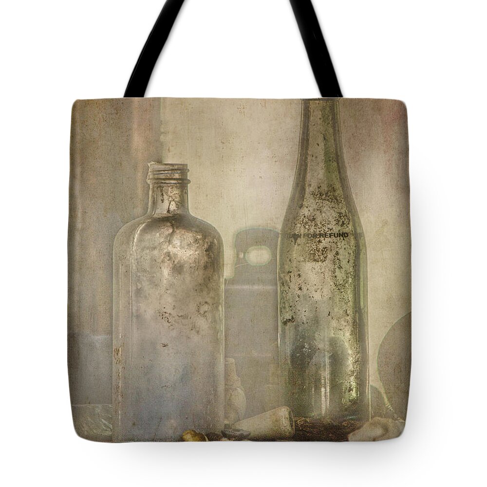 Tl Wilson Photography Tote Bag featuring the photograph Two Vintage Bottles by Teresa Wilson