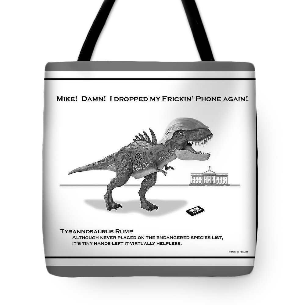 Tyrannosaurus Rump Black And White Tote Bag featuring the digital art Tyrannosaurus Rump BW by Bonnie Follett