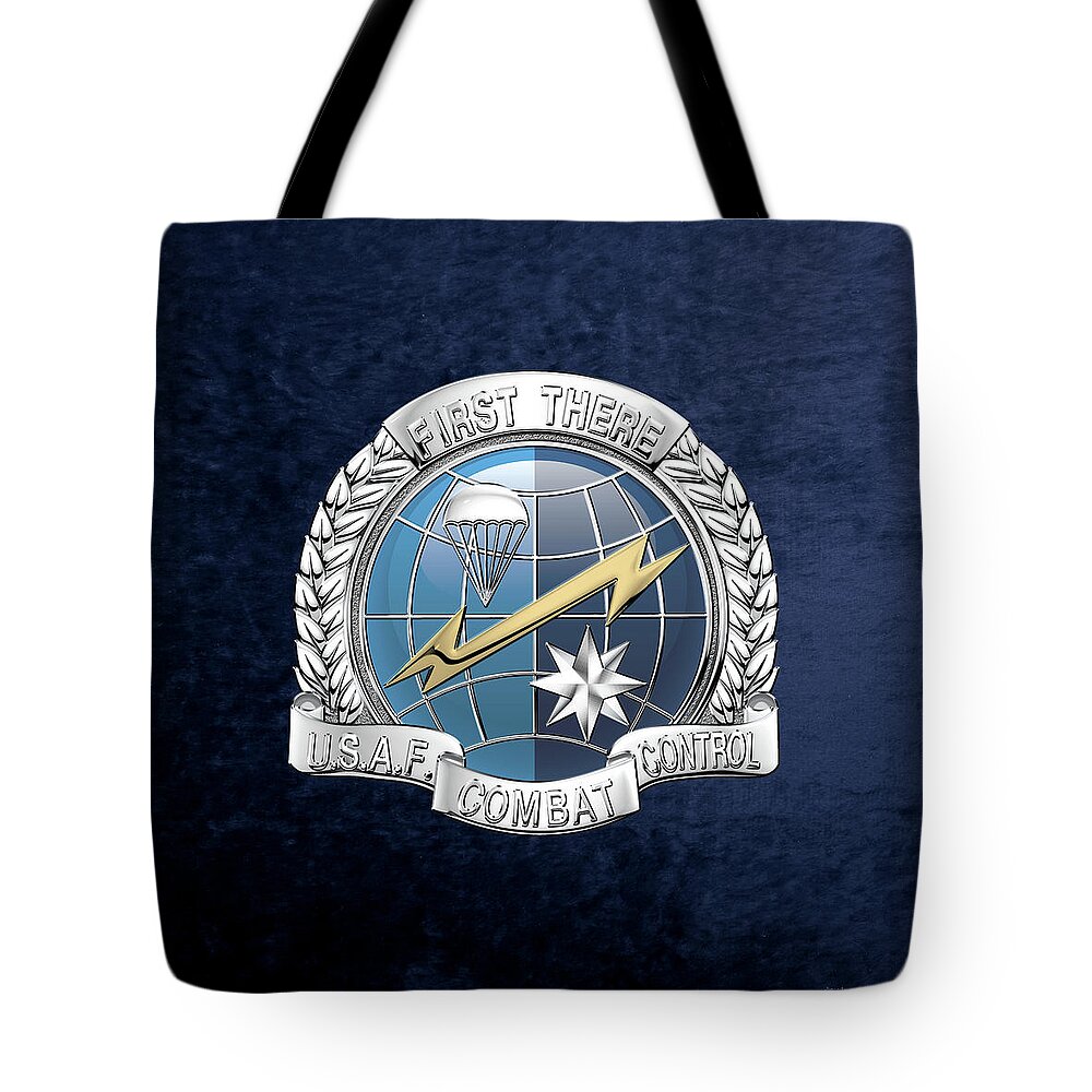 'military Insignia & Heraldry' Collection By Serge Averbukh Tote Bag featuring the digital art U. S. Air Force Combat Control Teams - Combat Controller C C T Badge over Blue Velvet by Serge Averbukh