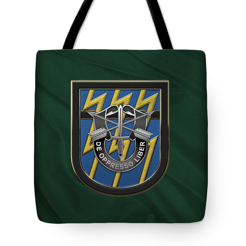 'u.s. Army Special Forces' Collection By Serge Averbukh Tote Bag featuring the digital art U. S. Army 12th Special Forces Group - 12 S F G Beret Flash over Green Beret Felt by Serge Averbukh