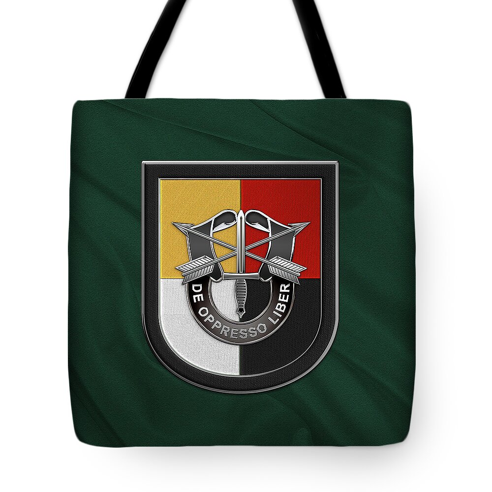 'u.s. Army Special Forces' Collection By Serge Averbukh Tote Bag featuring the digital art U. S. Army 3rd Special Forces Group - 3 S F G Beret Flash over Green Beret Felt by Serge Averbukh