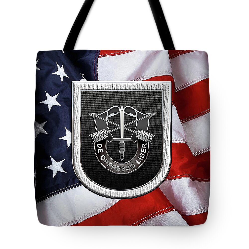 'u.s. Army Special Forces' Collection By Serge Averbukh Tote Bag featuring the digital art U. S. Army 5th Special Forces Group - 5 S F G Beret Flash over American Flag by Serge Averbukh