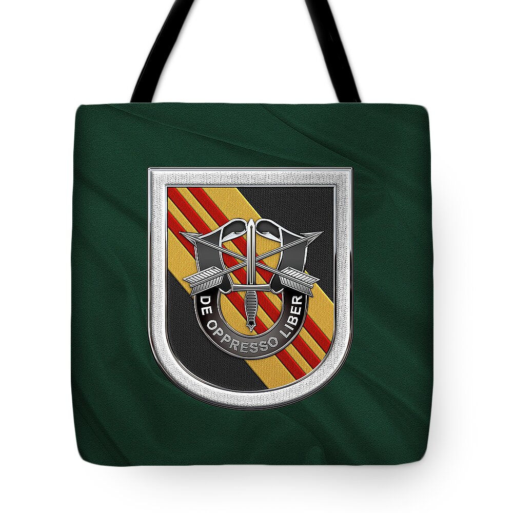 'u.s. Army Special Forces' Collection By Serge Averbukh Tote Bag featuring the digital art U. S. Army 5th Special Forces Group Vietnam - 5 S F G Beret Flash over Green Beret Felt by Serge Averbukh