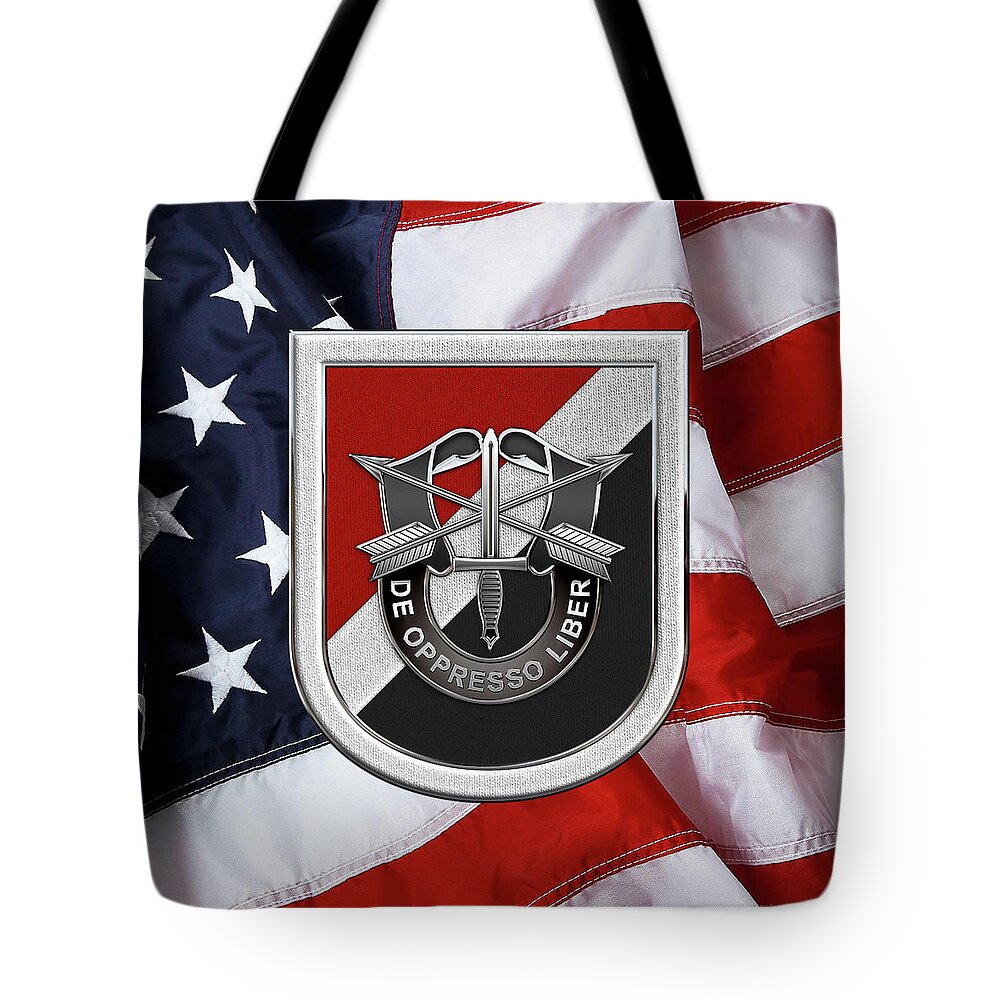 'u.s. Army Special Forces' Collection By Serge Averbukh Tote Bag featuring the digital art U. S. Army 6th Special Forces Group - 6th S F G Beret Flash over American Flag by Serge Averbukh