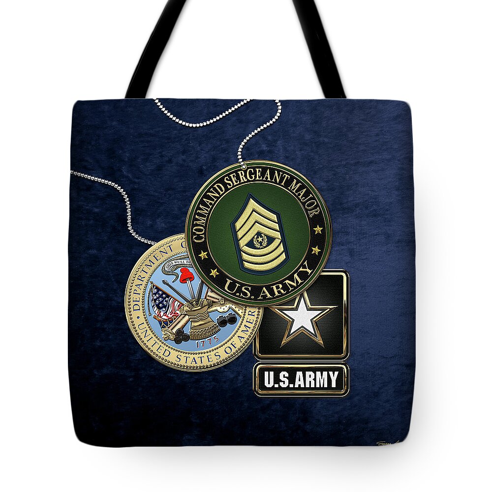 Military Insignia & Heraldry Collection By Serge Averbukh Tote Bag featuring the digital art U. S. Army Command Sergeant Major - C S M Rank Insignia with Army Seal and Logo over Blue Velvet by Serge Averbukh