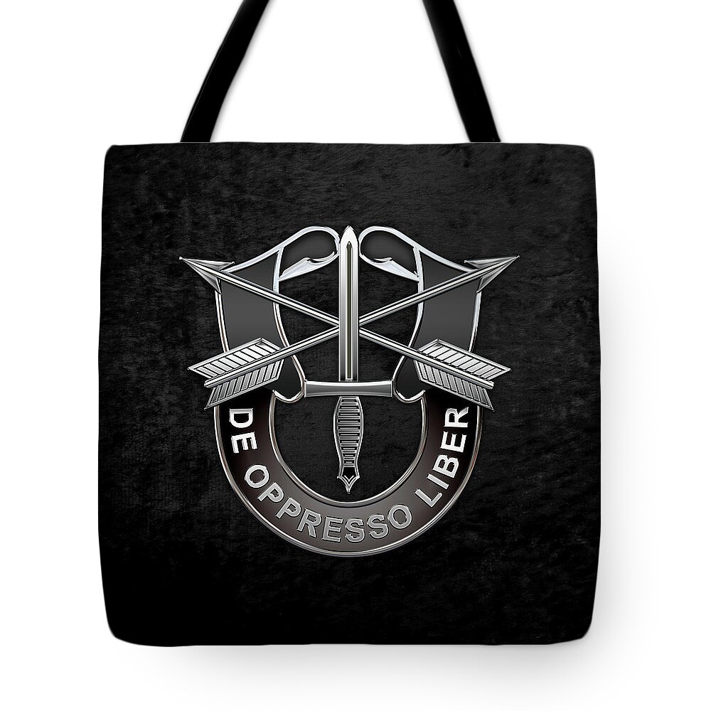 'military Insignia & Heraldry' Collection By Serge Averbukh Tote Bag featuring the digital art U. S. Army Special Forces - Green Berets D U I over Black Velvet by Serge Averbukh