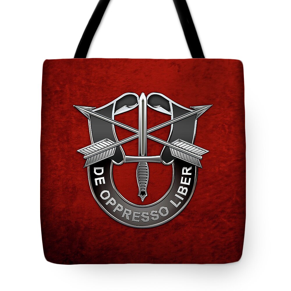 'military Insignia & Heraldry' Collection By Serge Averbukh Tote Bag featuring the digital art U. S. Army Special Forces - Green Berets D U I over Red Velvet by Serge Averbukh