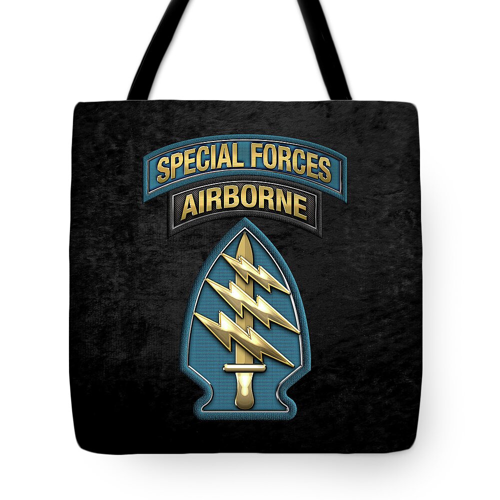 'military Insignia & Heraldry' Collection By Serge Averbukh Tote Bag featuring the digital art U. S. Army Special Forces - Green Berets S S I over Black Velvet by Serge Averbukh