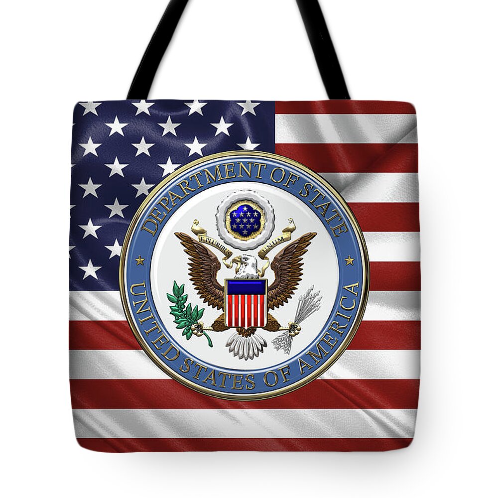 �insignia 3d� By Serge Averbukh Tote Bag featuring the digital art U. S. Department of State - Emblem over American Flag by Serge Averbukh
