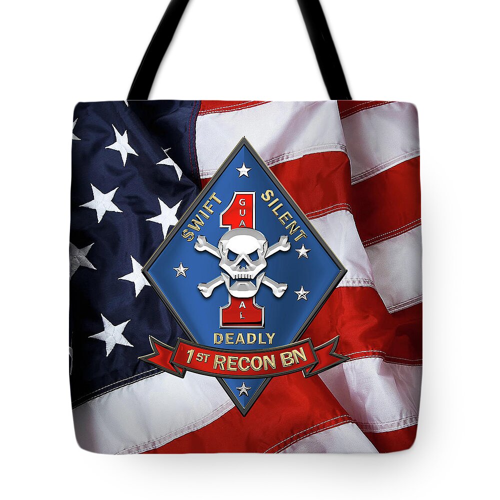 'military Insignia & Heraldry' Collection By Serge Averbukh Tote Bag featuring the digital art U S M C 1st Reconnaissance Battalion - 1st Recon Bn Insignia over American Flag by Serge Averbukh
