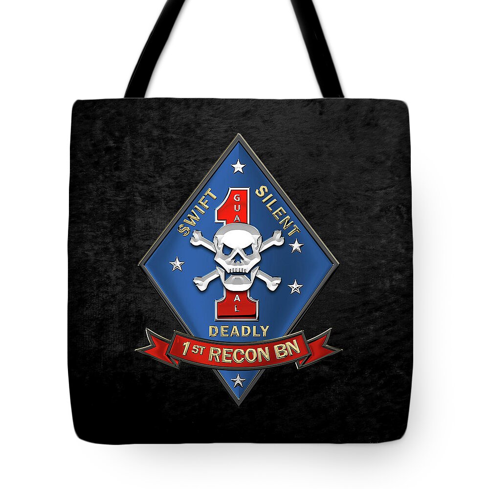 'military Insignia & Heraldry' Collection By Serge Averbukh Tote Bag featuring the digital art U S M C 1st Reconnaissance Battalion - 1st Recon Bn Insignia over Black Velvet by Serge Averbukh