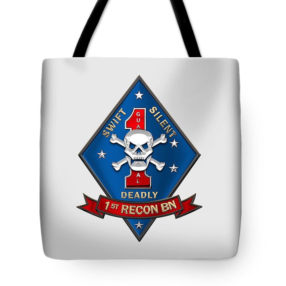 'military Insignia & Heraldry' Collection By Serge Averbukh Tote Bag featuring the digital art U S M C 1st Reconnaissance Battalion - 1st Recon Bn Insignia over White Leather by Serge Averbukh