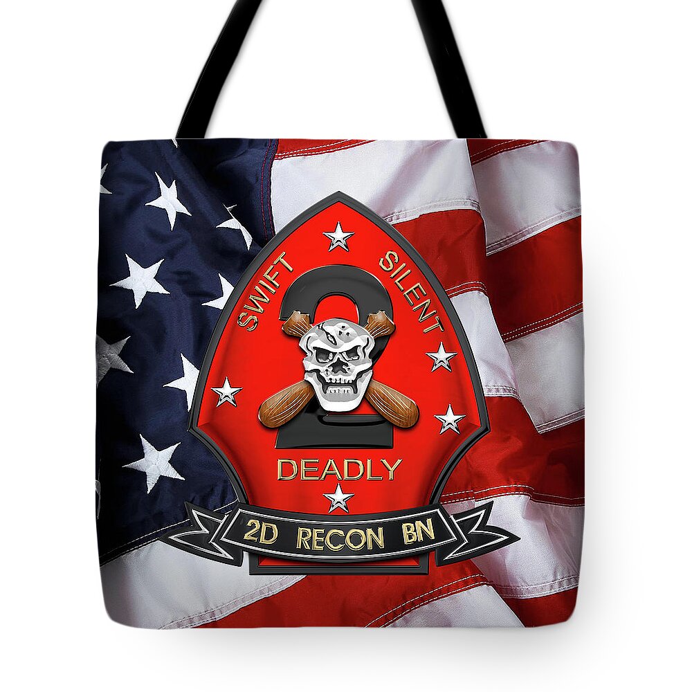 'military Insignia & Heraldry' Collection By Serge Averbukh Tote Bag featuring the digital art U S M C 2nd Reconnaissance Battalion - 2nd Recon Bn Insignia over American Flag by Serge Averbukh
