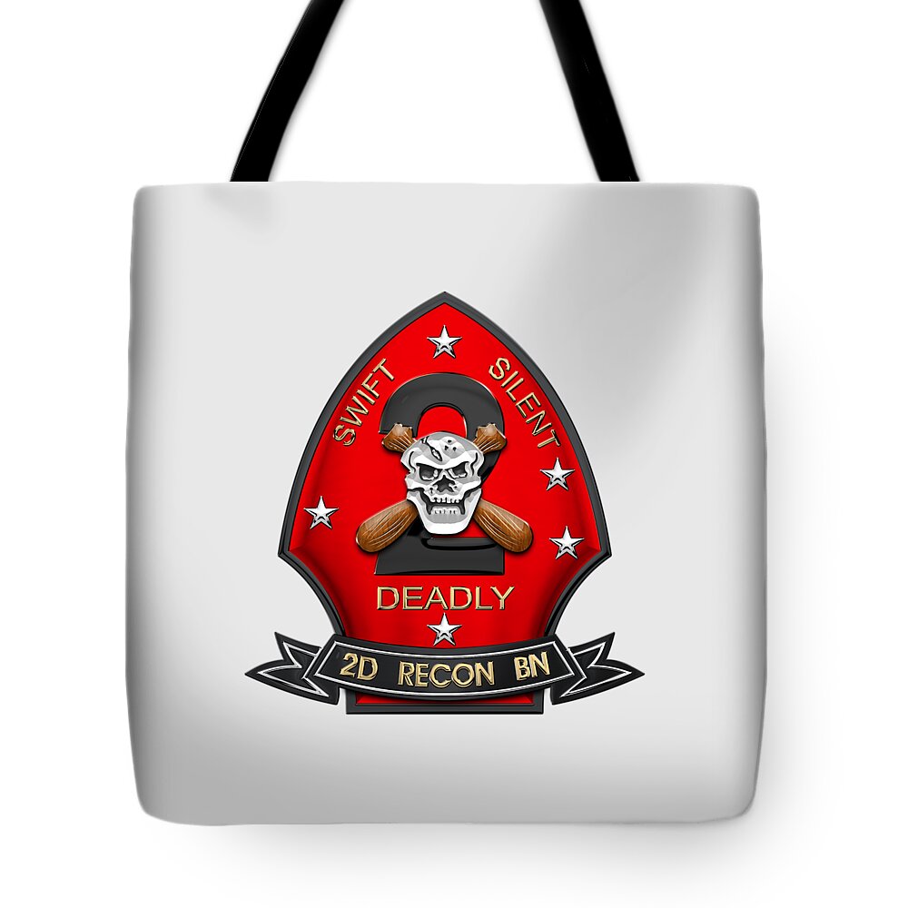 'military Insignia & Heraldry' Collection By Serge Averbukh Tote Bag featuring the digital art U S M C 2nd Reconnaissance Battalion - 2nd Recon Bn Insignia over White Leather by Serge Averbukh