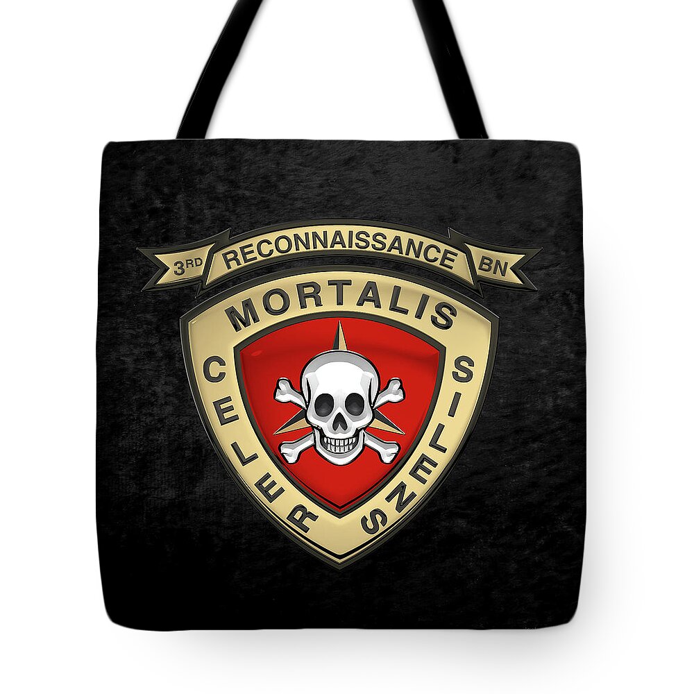 'military Insignia & Heraldry' Collection By Serge Averbukh Tote Bag featuring the digital art U S M C 3rd Reconnaissance Battalion - 3rd Recon Bn Insignia over Black Velvet by Serge Averbukh