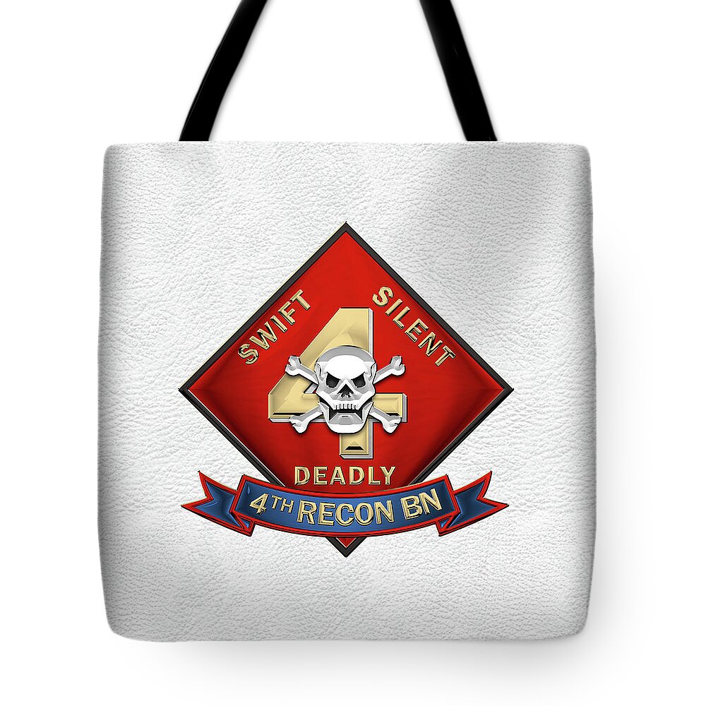 'military Insignia & Heraldry' Collection By Serge Averbukh Tote Bag featuring the digital art U S M C 4th Reconnaissance Battalion - 4th Recon Bn Insignia over White Leather by Serge Averbukh