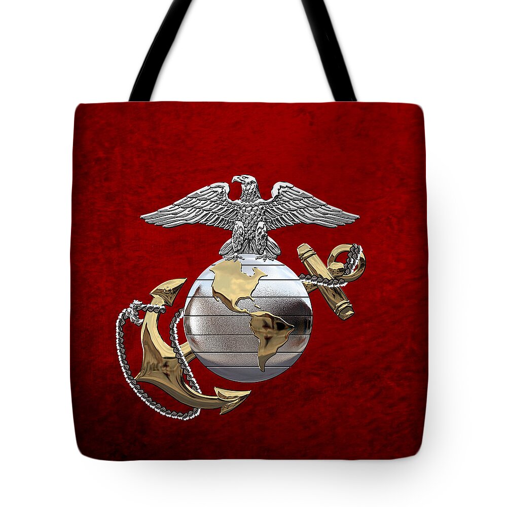 'usmc' Collection By Serge Averbukh Tote Bag featuring the digital art U S M C Eagle Globe and Anchor - C O and Warrant Officer E G A over Red Velvet by Serge Averbukh