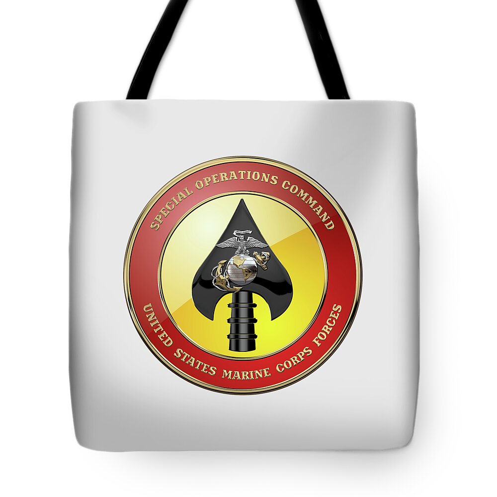 'military Insignia & Heraldry' Collection By Serge Averbukh Tote Bag featuring the digital art U S M C Forces Special Operations Command - M A R S O C Seal over White Leather by Serge Averbukh