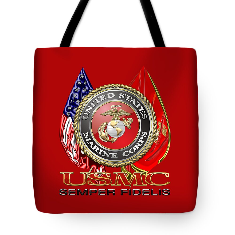 'military Insignia & Heraldry 3d' Collection By Serge Averbukh Tote Bag featuring the digital art U. S. Marine Corps U S M C Emblem on Red by Serge Averbukh