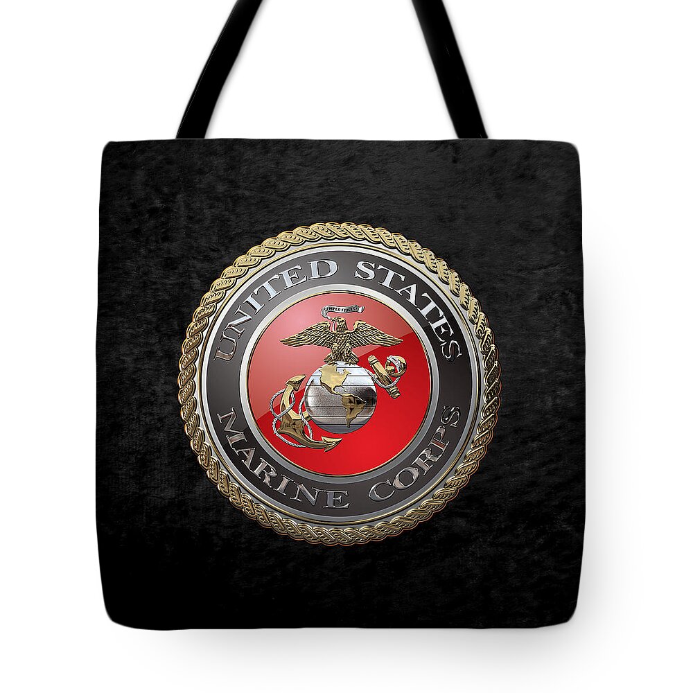 'usmc' Collection By Serge Averbukh Tote Bag featuring the digital art U. S. Marine Corps - U S M C Emblem over Black Velvet by Serge Averbukh