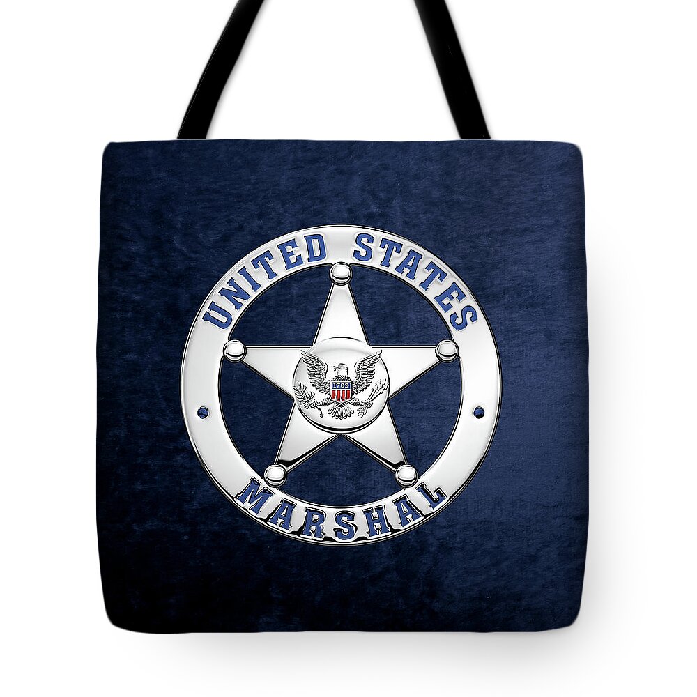 'law Enforcement Insignia & Heraldry' Collection By Serge Averbukh Tote Bag featuring the digital art U. S. Marshals Service - U S M S Badge over Blue Velvet by Serge Averbukh