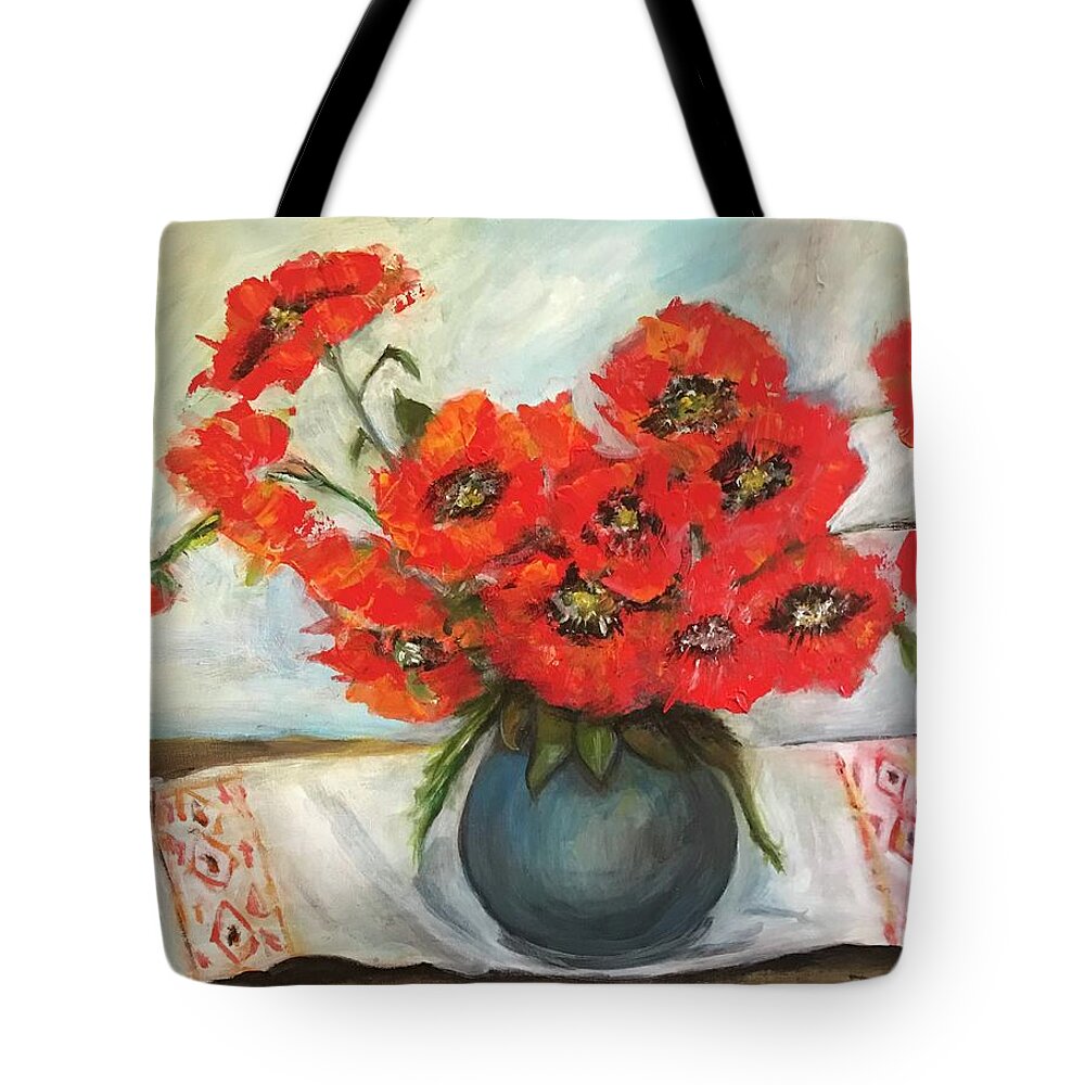 Red Poppies Tote Bag featuring the mixed media Ukrainian Poppies by Denice Palanuk Wilson