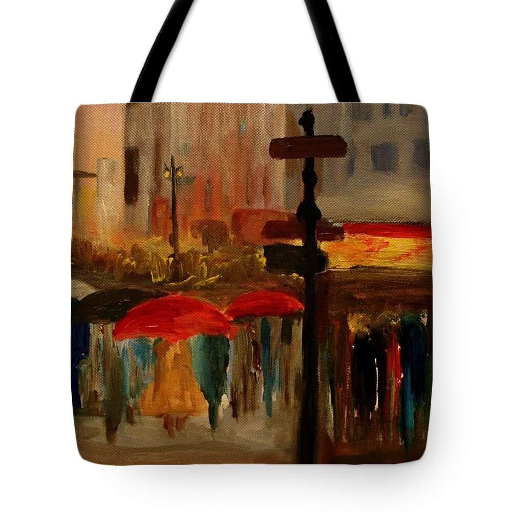 Rain Photographs Tote Bag featuring the painting Umbrella Day by Julie Lueders 