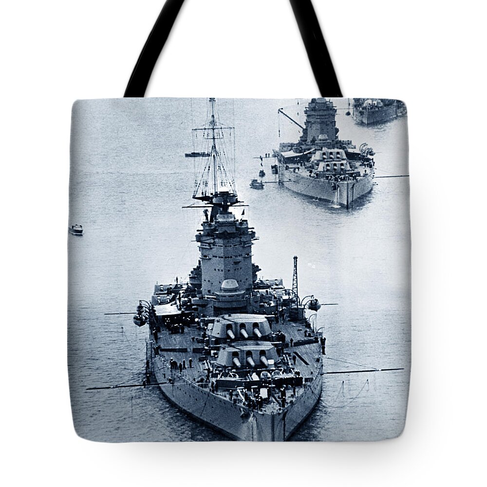 Hms Nelson Tote Bag featuring the photograph HMS Nelson and HMS Rodney Battleships and battlecruisers HMS Hood circa 1941 by Monterey County Historical Society