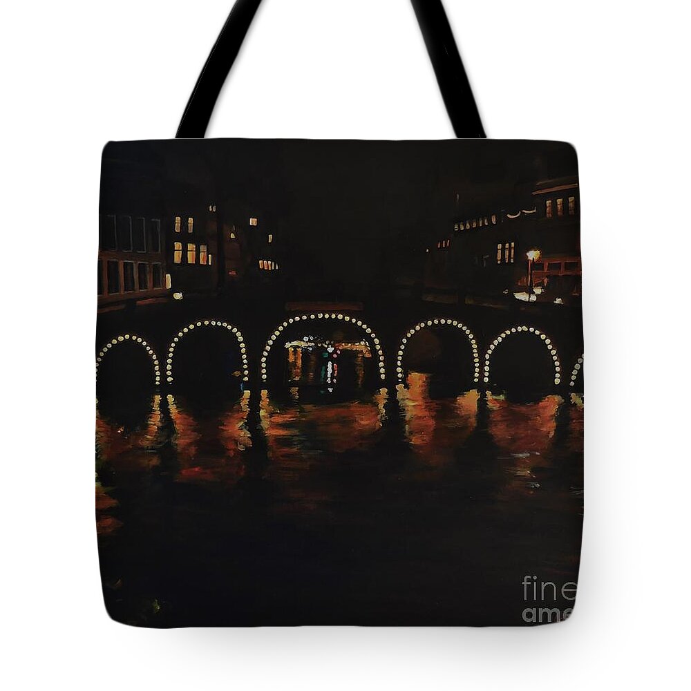 Amsterdam Tote Bag featuring the painting Under a Lighted Bridge in Amsterdam by Cami Lee