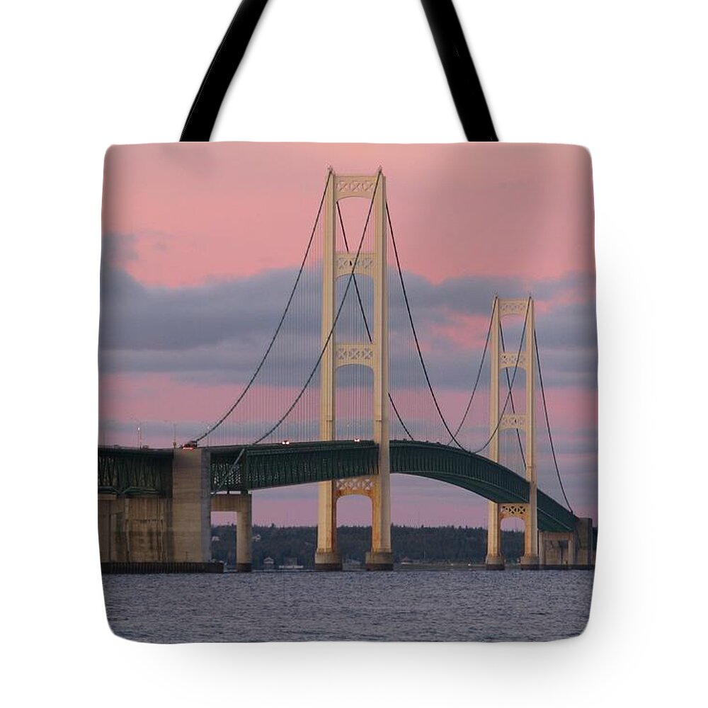 Mackinac Bridge Tote Bag featuring the photograph Under a Rose Colored Sky by Keith Stokes