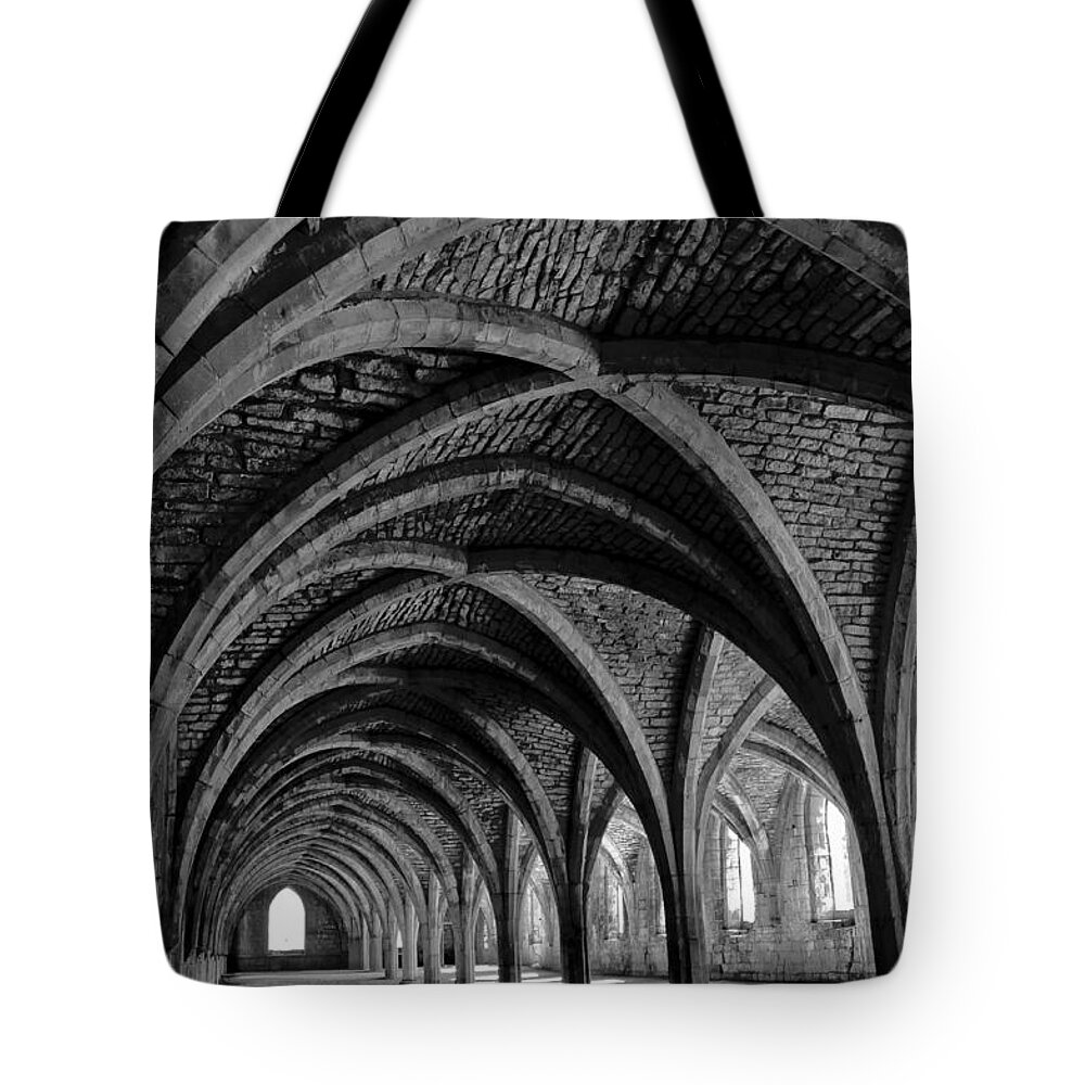 Monochrome Photography Tote Bag featuring the photograph Under the vaults. Vertical. by Elena Perelman