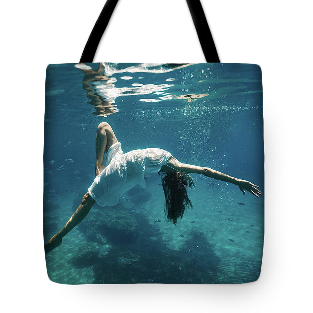 Swim Tote Bag featuring the photograph Underwater White Dress VIII by Gemma Silvestre