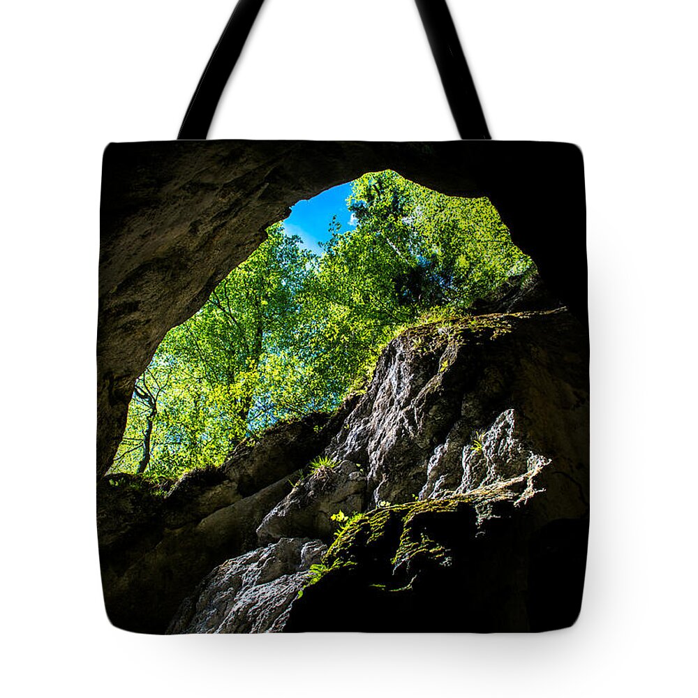 Cave Tote Bag featuring the photograph Underworld Exit by Andreas Berthold