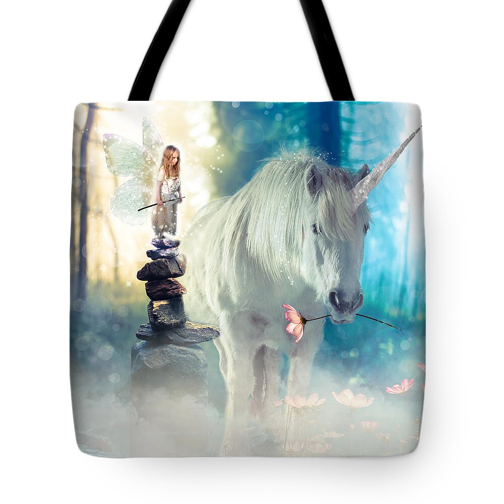 Fairy Tote Bag featuring the digital art Grumpy Fairy with Unicorn by Laura Ostrowski
