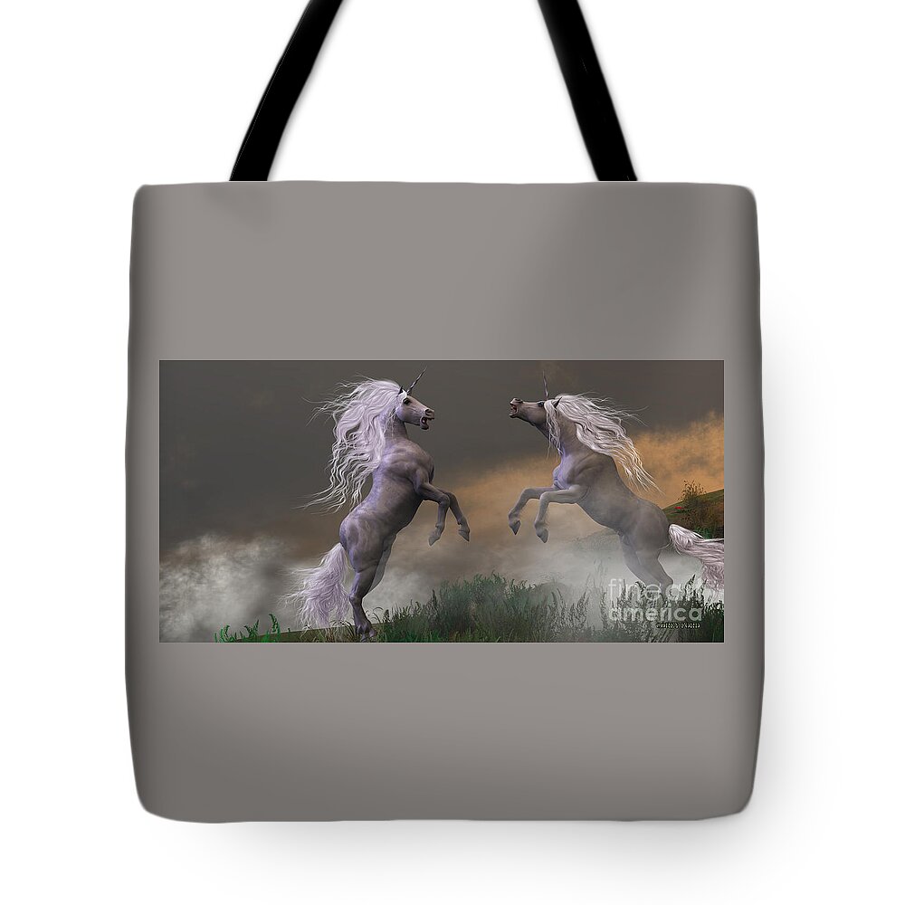 Unicorn Tote Bag featuring the painting Unicorn Stallions Fighting by Corey Ford