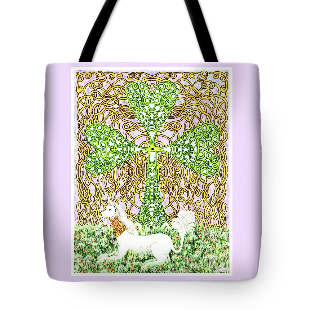 Lise Winne Tote Bag featuring the drawing Unicorn with Shamrock by Lise Winne