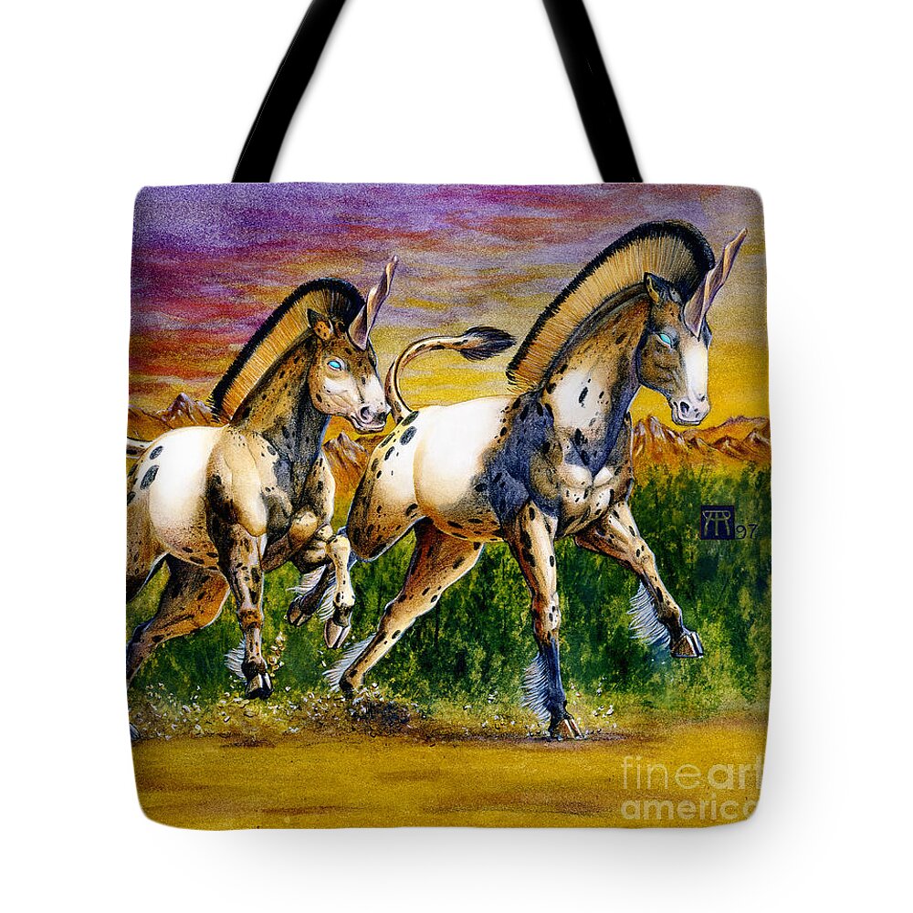 Artwork Tote Bag featuring the painting Unicorns in Sunset by Melissa A Benson