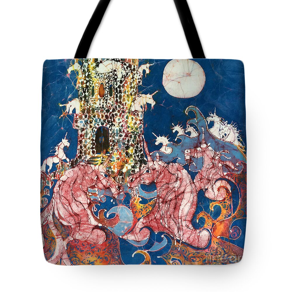 Unicorns Tote Bag featuring the tapestry - textile Unicorns Take Castle by Carol Law Conklin