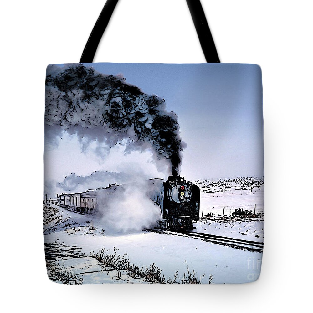 Union Pacific 8444 Tote Bag featuring the photograph Union Pacific 8444 Steam Locomotive in the Snow by Wernher Krutein