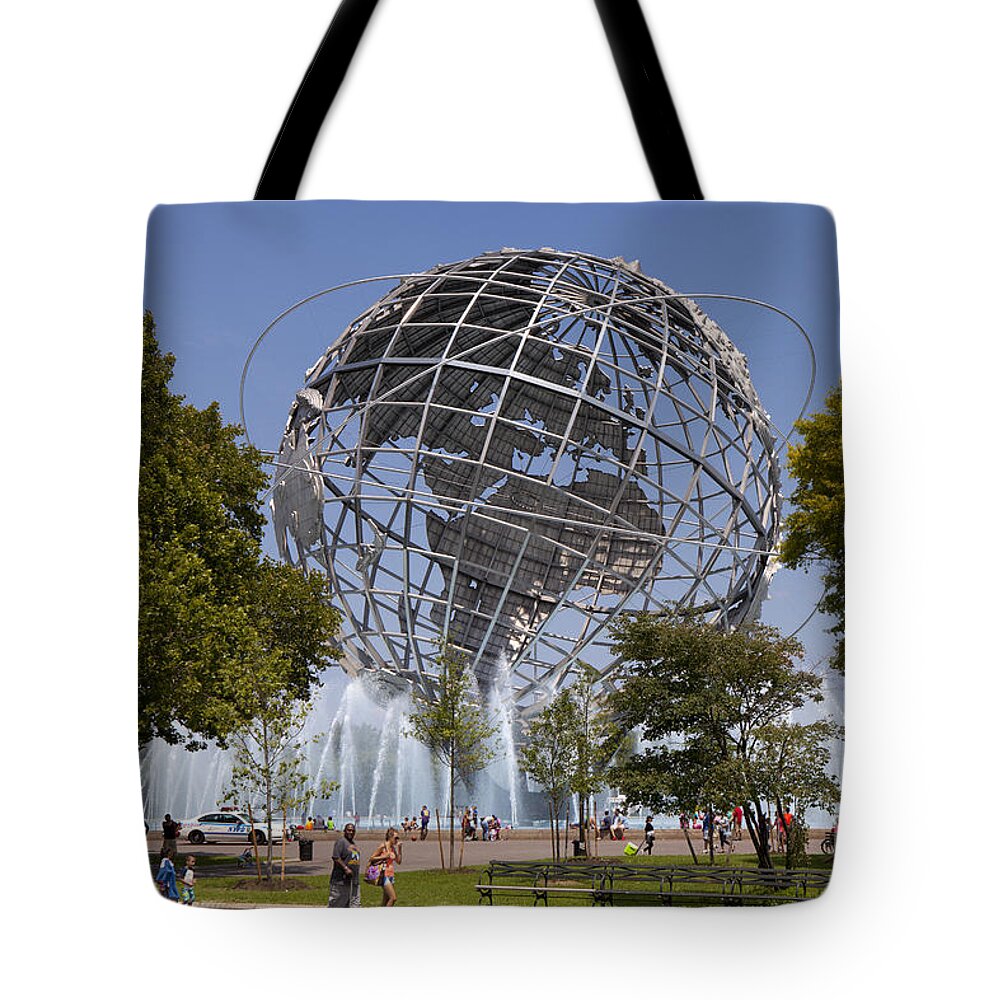 1964 1965 City Corona Day Daytime Earth Fair Flushing Fountain Globe Iconic Landmark Made Man Map Meadows Metal New Object Park Planet Queens Representation Science Sculpture Silver Spherical Stainless Steel Symbol Symbols Unisphere Water World Worlds York Tote Bag featuring the photograph Unisphere in Fushing Meadows Corona Park by Anthony Totah