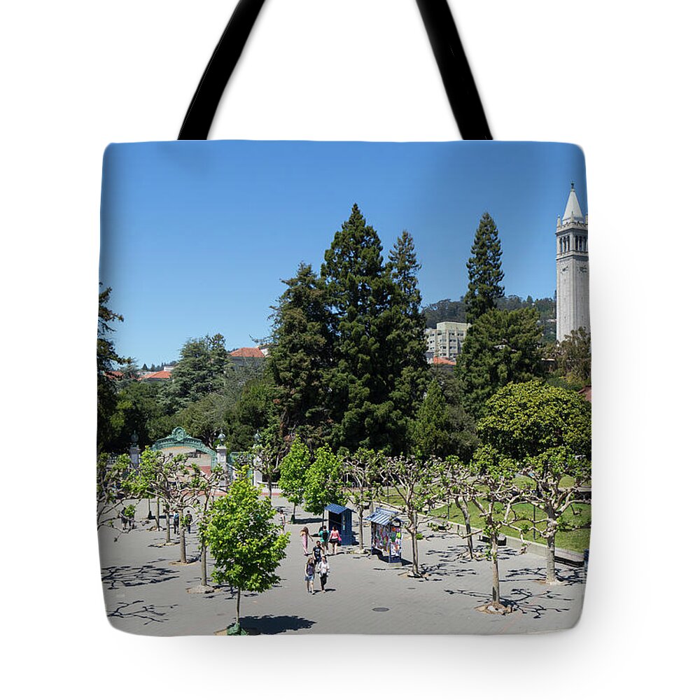 Wingsdomain Tote Bag featuring the photograph University of California at Berkeley Sproul Plaza Sather Gate and Sather Tower Campanile DSC6256 by San Francisco