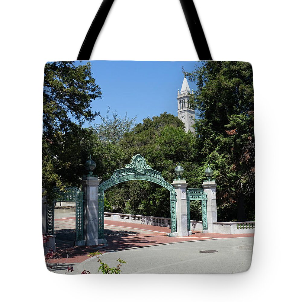 Wingsdomain Tote Bag featuring the photograph University of California at Berkeley Sproul Plaza Sather Gate and Sather Tower Campanile DSC6262 by San Francisco