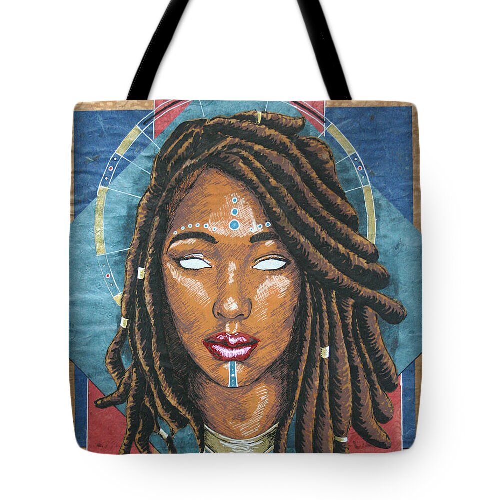 Black Tote Bag featuring the mixed media Untitled Goddess 2 by Edmund Royster